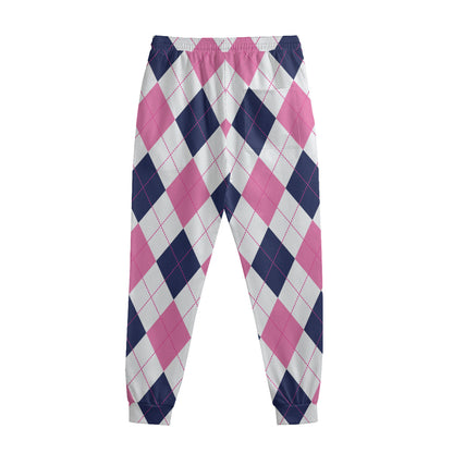 White Blue And Pink Argyle Pattern Print Sweatpants