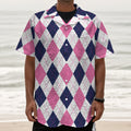 White Blue And Pink Argyle Pattern Print Textured Short Sleeve Shirt