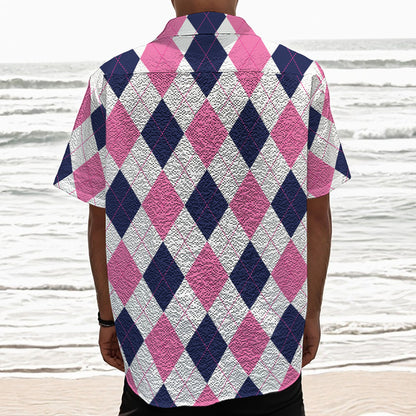 White Blue And Pink Argyle Pattern Print Textured Short Sleeve Shirt