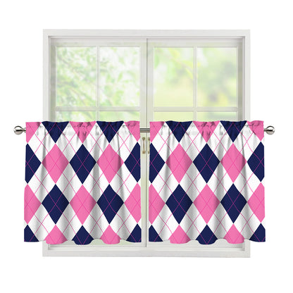White Blue And Pink Argyle Pattern Print Tier Curtains