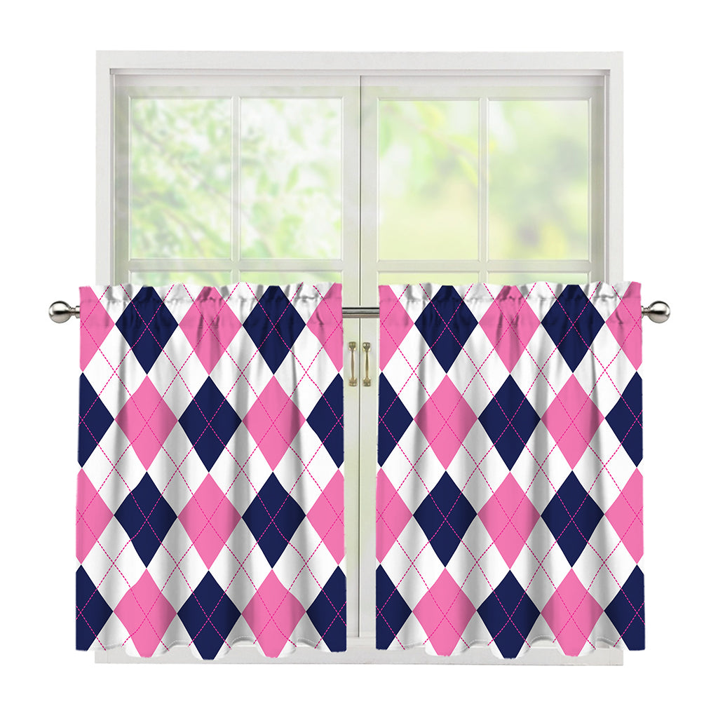 White Blue And Pink Argyle Pattern Print Tier Curtains