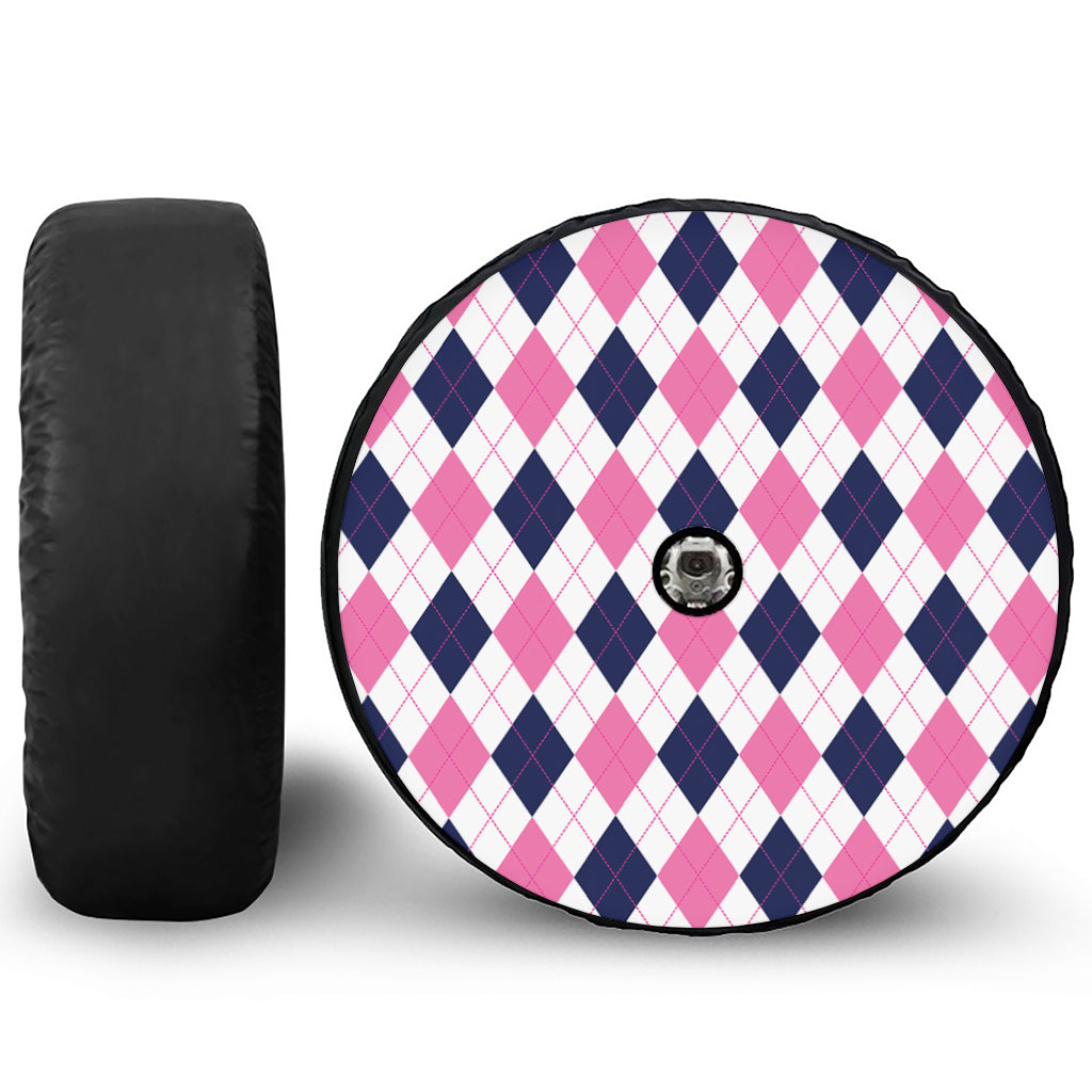 White Blue And Pink Argyle Pattern Print Tire Cover With Camera Hole