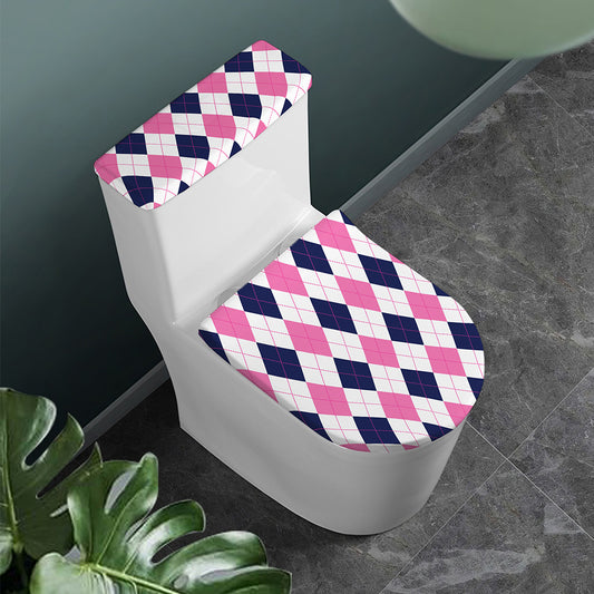 White Blue And Pink Argyle Pattern Print Toilet Lid And Tank Cover Set