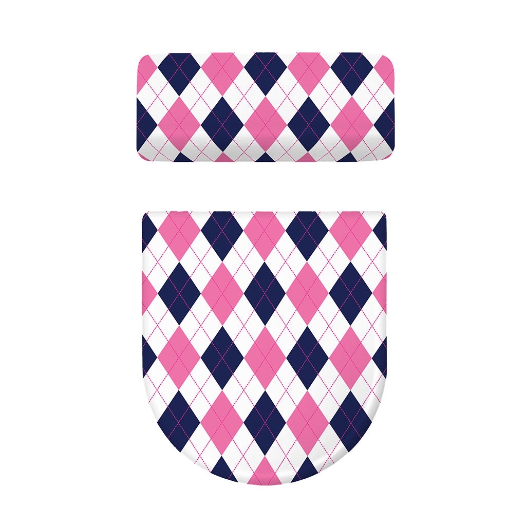 White Blue And Pink Argyle Pattern Print Toilet Lid And Tank Cover Set