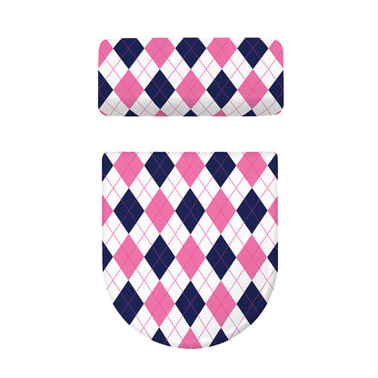 White Blue And Pink Argyle Pattern Print Toilet Lid And Tank Cover Set