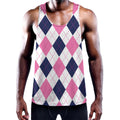 White Blue And Pink Argyle Pattern Print Men's Workout Tank Top