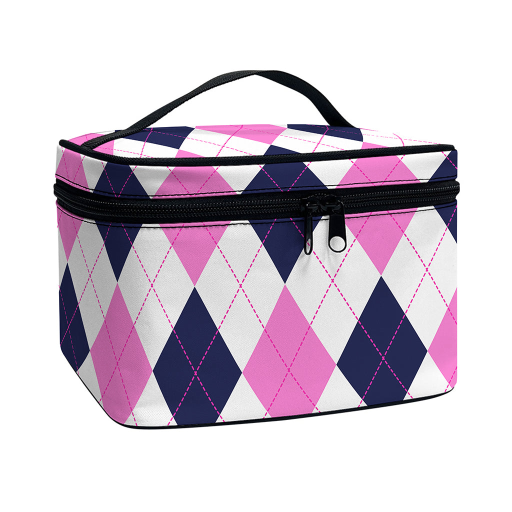 White Blue And Pink Argyle Pattern Print Travel Makeup Bag