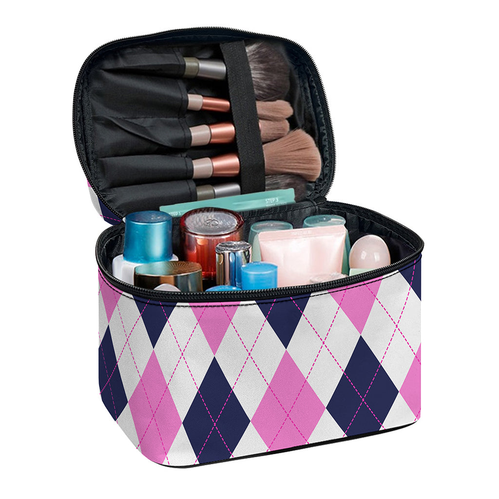 White Blue And Pink Argyle Pattern Print Travel Makeup Bag