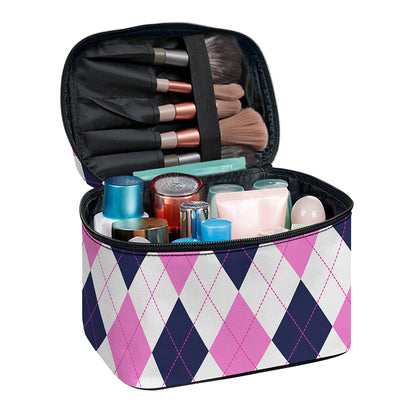 White Blue And Pink Argyle Pattern Print Travel Makeup Bag