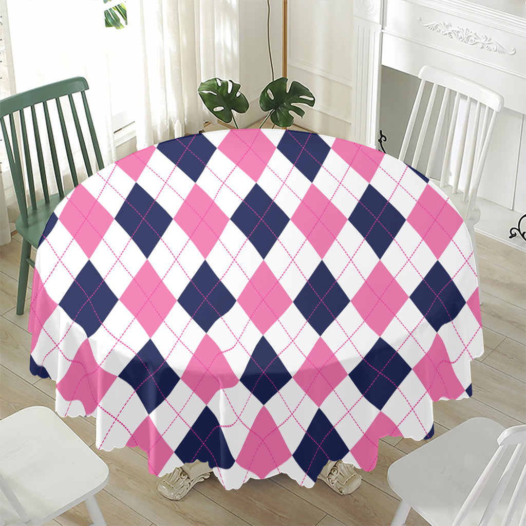 White Blue And Pink Argyle Pattern Print Waterproof Round Tablecloth