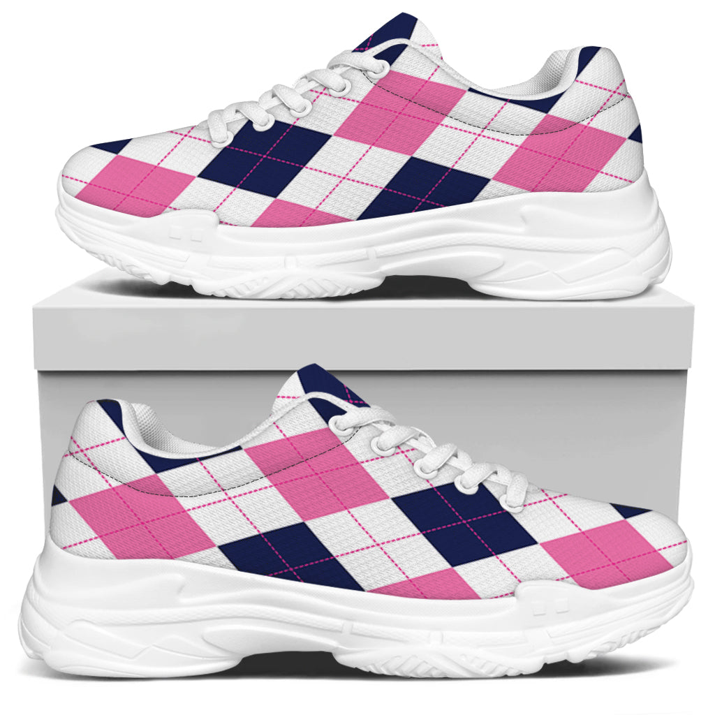 White Blue And Pink Argyle Pattern Print White Chunky Shoes