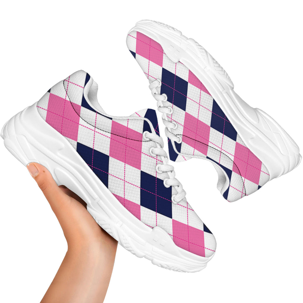 White Blue And Pink Argyle Pattern Print White Chunky Shoes