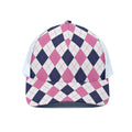 White Blue And Pink Argyle Pattern Print White Mesh Trucker Hat
