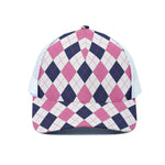 White Blue And Pink Argyle Pattern Print White Mesh Trucker Cap