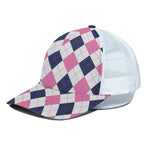 White Blue And Pink Argyle Pattern Print White Mesh Trucker Cap