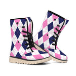 White Blue And Pink Argyle Pattern Print Winter Boots