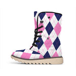 White Blue And Pink Argyle Pattern Print Winter Boots