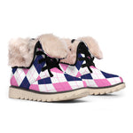 White Blue And Pink Argyle Pattern Print Winter Boots