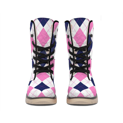 White Blue And Pink Argyle Pattern Print Winter Boots
