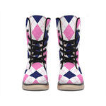 White Blue And Pink Argyle Pattern Print Winter Boots