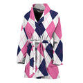 White Blue And Pink Argyle Pattern Print Women's Bathrobe