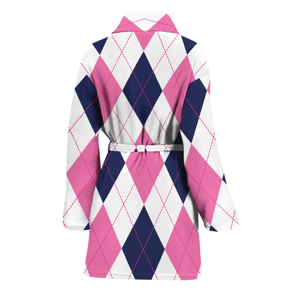 White Blue And Pink Argyle Pattern Print Women's Bathrobe