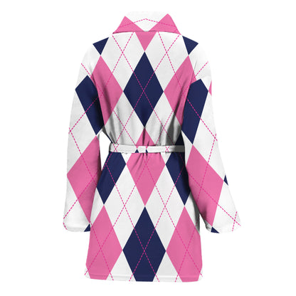 White Blue And Pink Argyle Pattern Print Women's Bathrobe