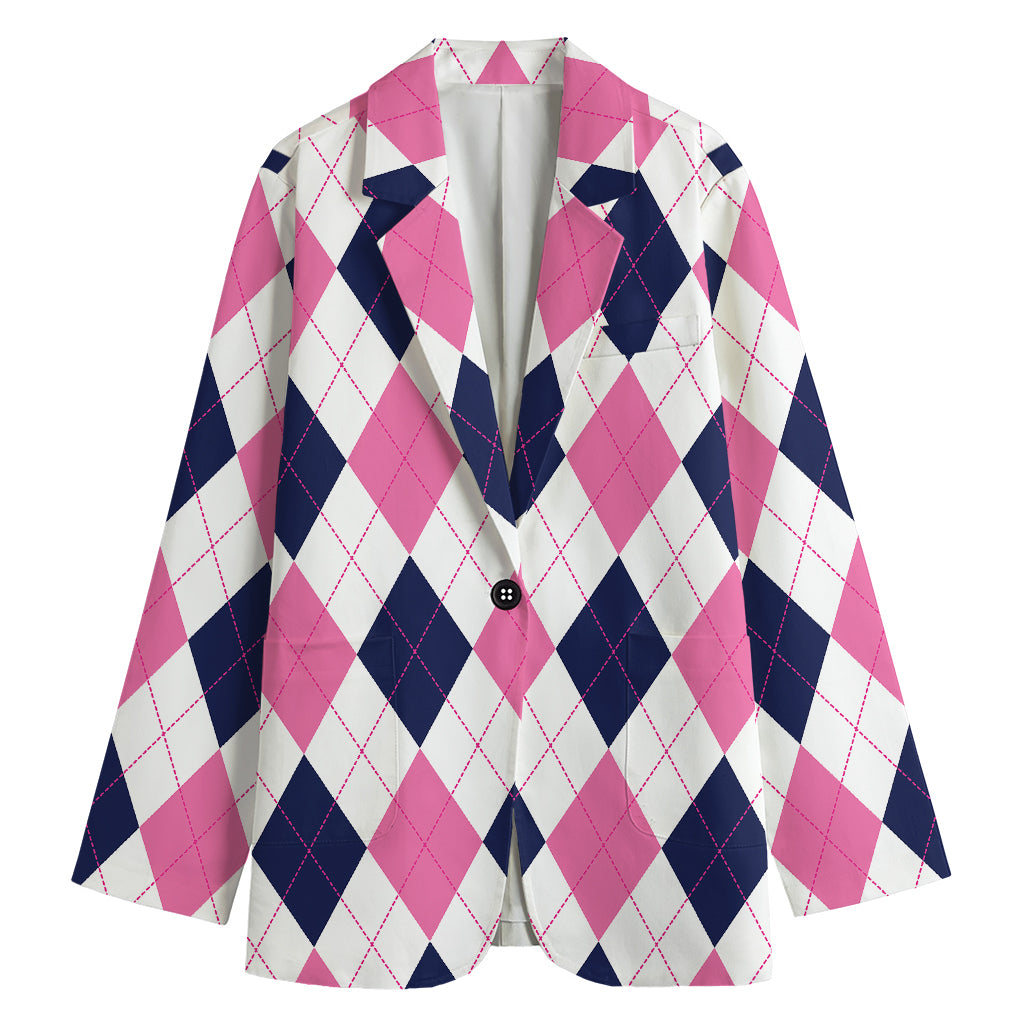 White Blue And Pink Argyle Pattern Print Women's Blazer