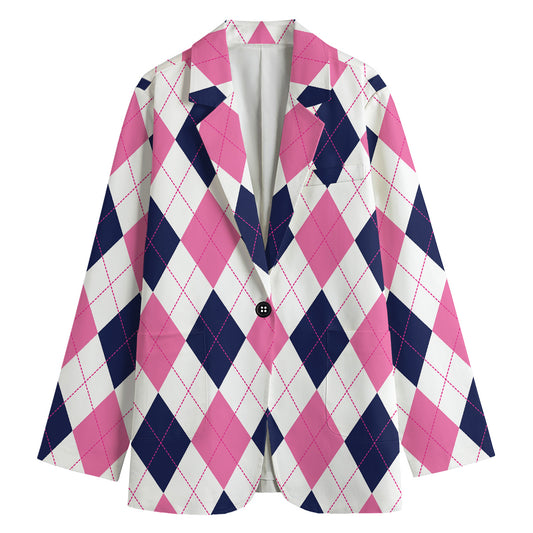 White Blue And Pink Argyle Pattern Print Women's Blazer