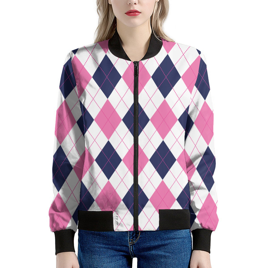White Blue And Pink Argyle Pattern Print Women's Bomber Jacket