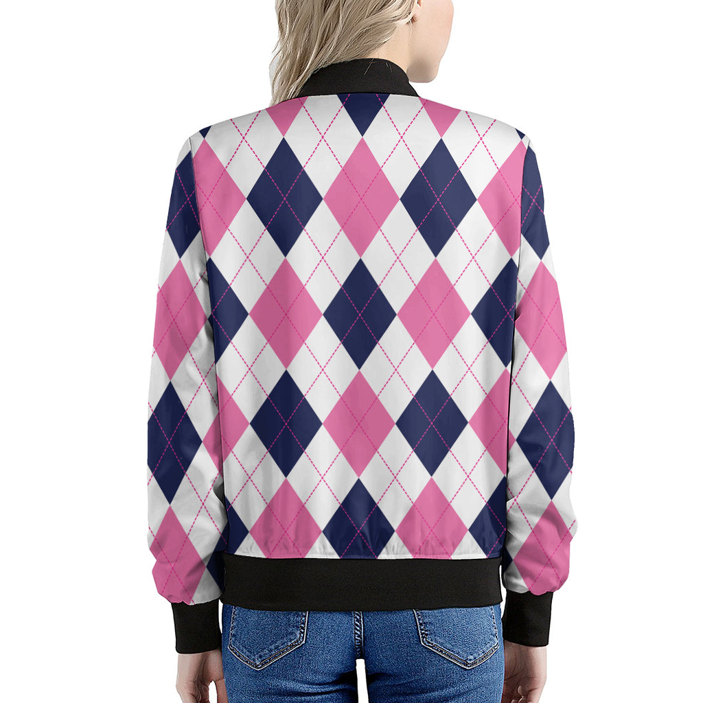 White Blue And Pink Argyle Pattern Print Women's Bomber Jacket