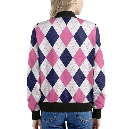 White Blue And Pink Argyle Pattern Print Women's Bomber Jacket