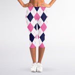 White Blue And Pink Argyle Pattern Print Women's Capri Leggings