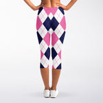 White Blue And Pink Argyle Pattern Print Women's Capri Leggings