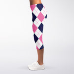 White Blue And Pink Argyle Pattern Print Women's Capri Leggings