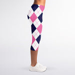 White Blue And Pink Argyle Pattern Print Women's Capri Leggings