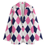 White Blue And Pink Argyle Pattern Print Women's Cotton Blazer
