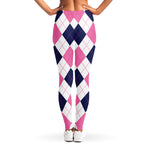 White Blue And Pink Argyle Pattern Print Women's Leggings