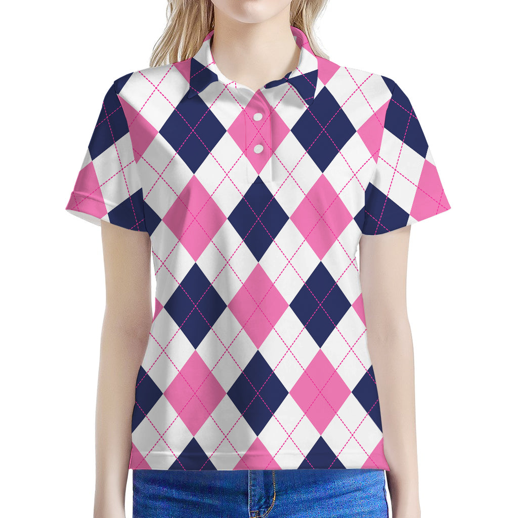 White Blue And Pink Argyle Pattern Print Women's Polo Shirt