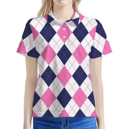 White Blue And Pink Argyle Pattern Print Women's Polo Shirt