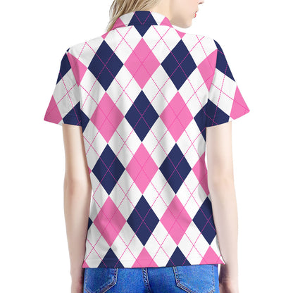 White Blue And Pink Argyle Pattern Print Women's Polo Shirt