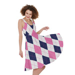 White Blue And Pink Argyle Pattern Print Women's Sleeveless Dress