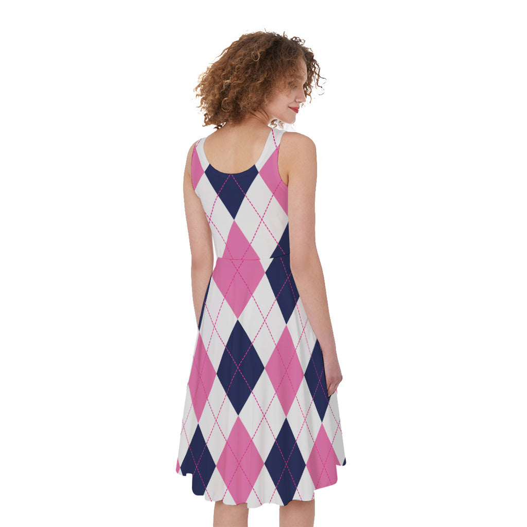 White Blue And Pink Argyle Pattern Print Women's Sleeveless Dress