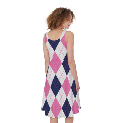 White Blue And Pink Argyle Pattern Print Women's Sleeveless Dress