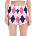 White Blue And Pink Argyle Pattern Print Women's Split Running Shorts