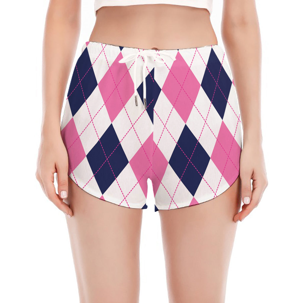 White Blue And Pink Argyle Pattern Print Women's Split Running Shorts