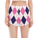 White Blue And Pink Argyle Pattern Print Women's Split Running Shorts