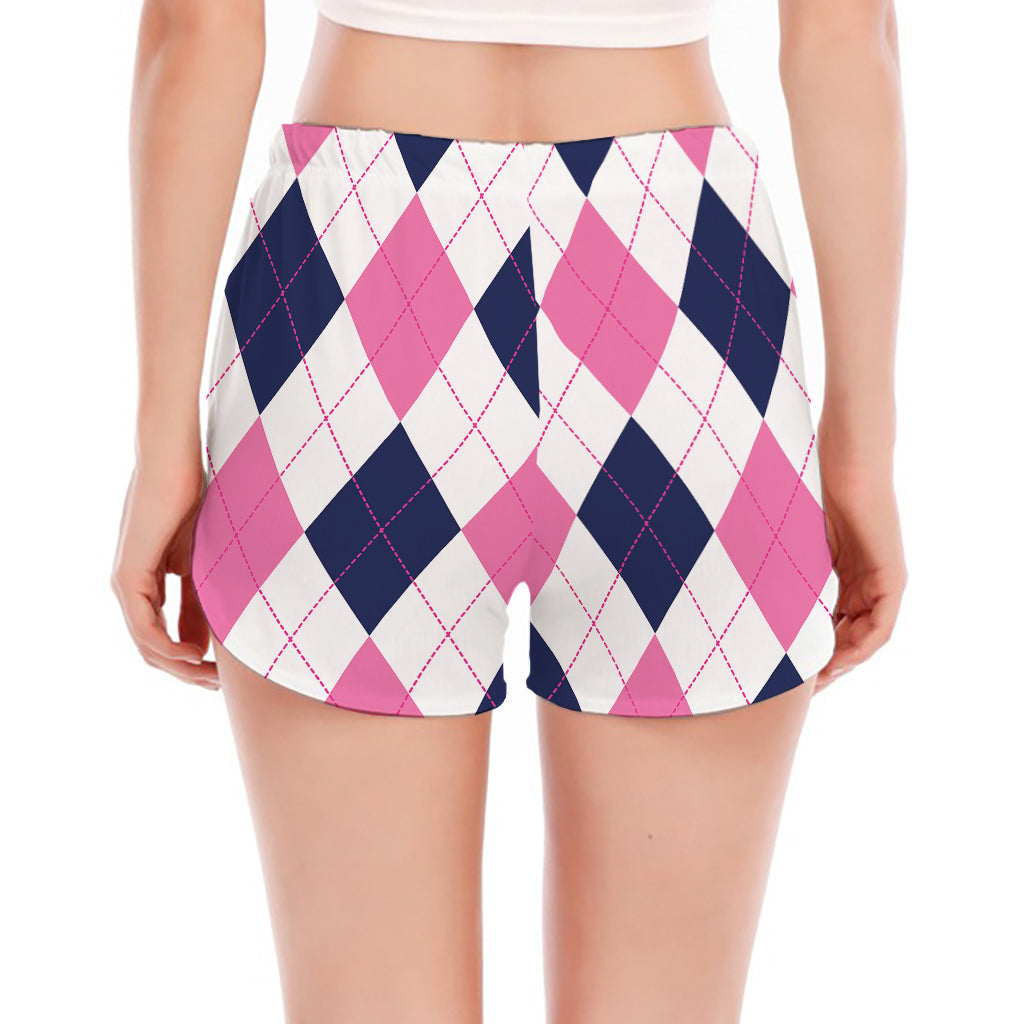 White Blue And Pink Argyle Pattern Print Women's Split Running Shorts