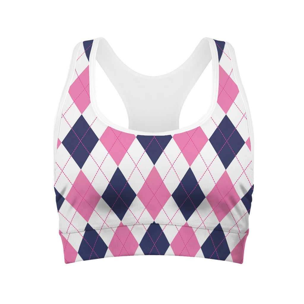 White Blue And Pink Argyle Pattern Print Women's Sports Bra