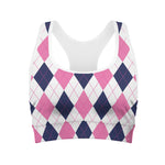 White Blue And Pink Argyle Pattern Print Women's Sports Bra